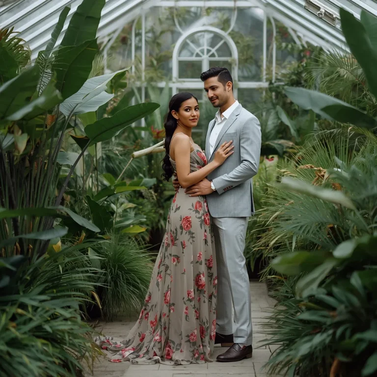 A romantic couple in elegant formal wear in botanical green greenhouse | Romantic Couple Elegant