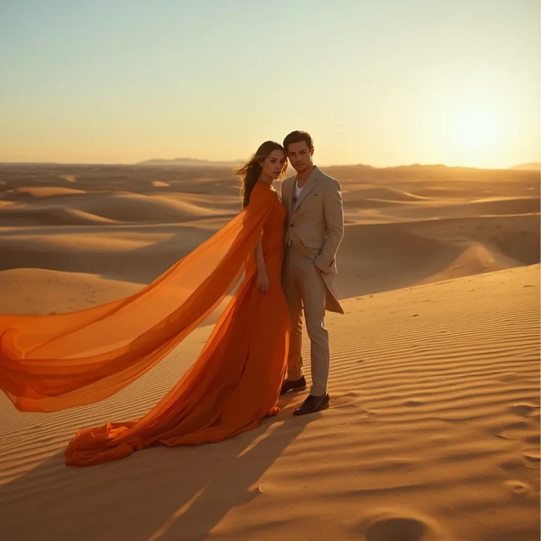 A romantic couple in high fashion outfits posing in vast desert sand dunes | Romantic Couple High