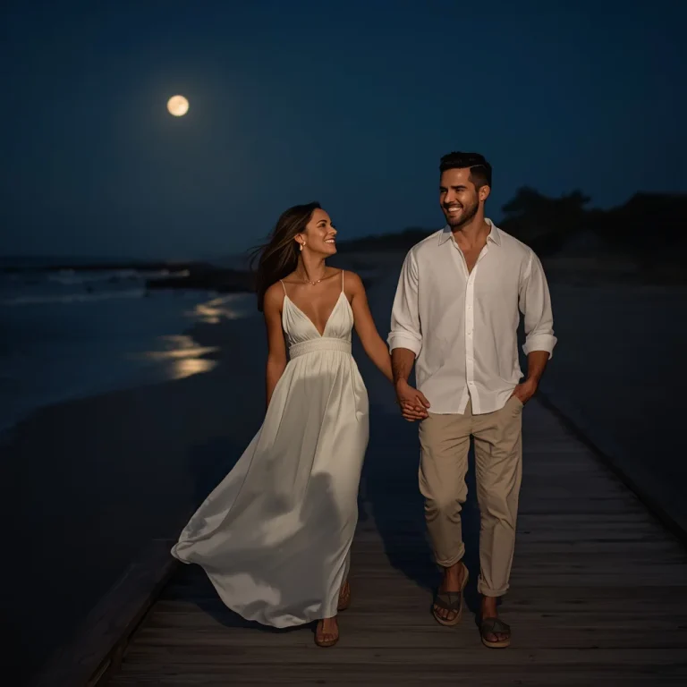A romantic couple walking along moonlit beach boardwalk | Romantic Couple Walking
