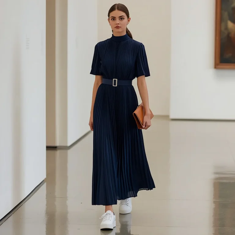 Chic Navy Blue Pleated Maxi Dress with Belt | Chic Navy Blue