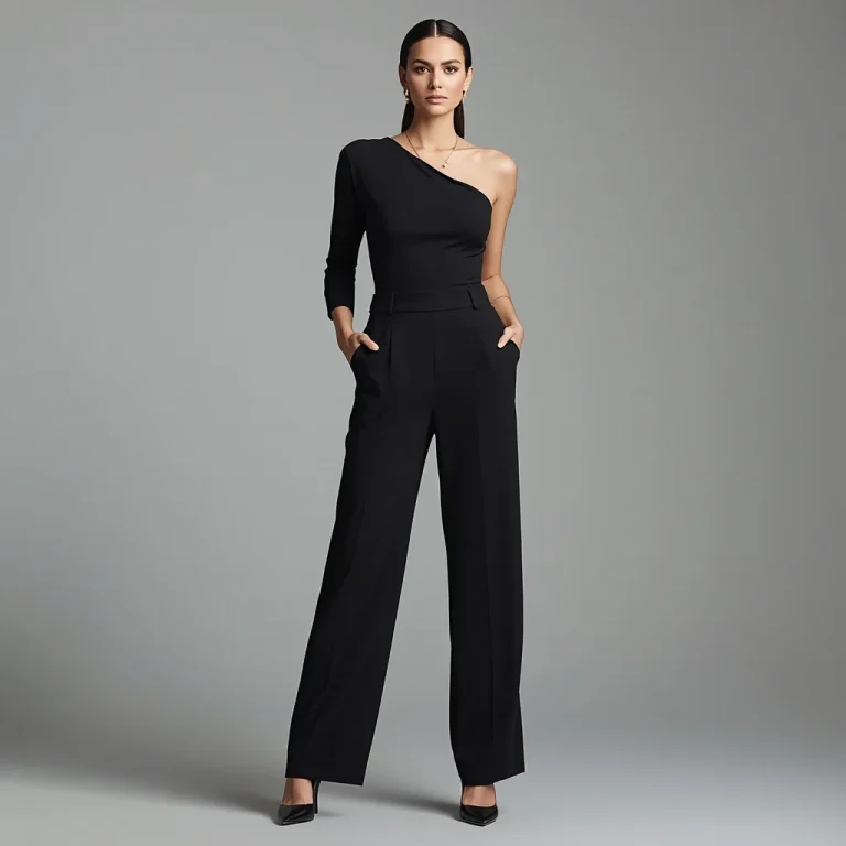 Confident and Chic in a Black One-Shoulder Jumpsuit with Pockets | New Instagram trend prompt for girl