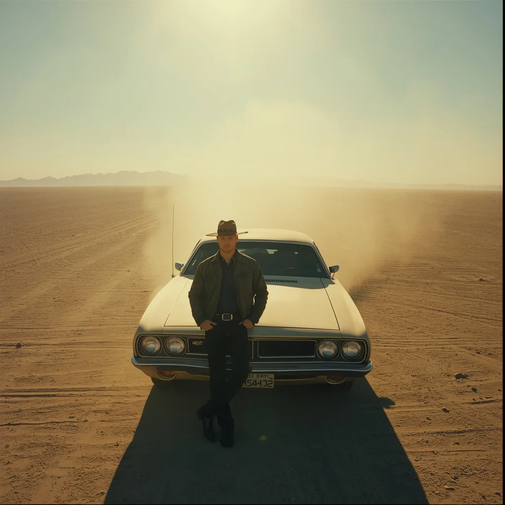 Desert Drifter: A Lone Figure and a Vintage Car Under a Scorching Sun | Trending prompt for boys ChatGPT