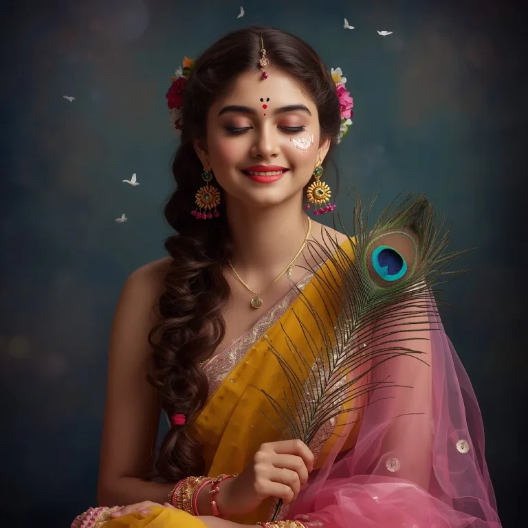 Divine Radha Portrait: Serene Expression with Peacock Feather | Portrait Young Woman