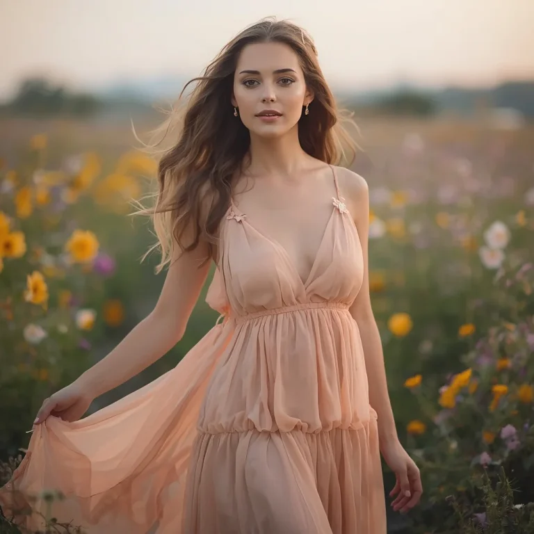 Ethereal Beauty in a Flowing Peach Chiffon Maxi Dress at Sunset | New instagram trend prompt for girl and boy aesthetic