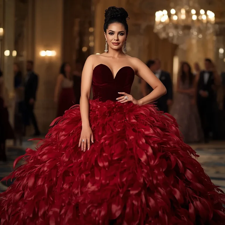 Glamorous Feathered Gown for an Opulent Gala Night | cute girl ai prompt