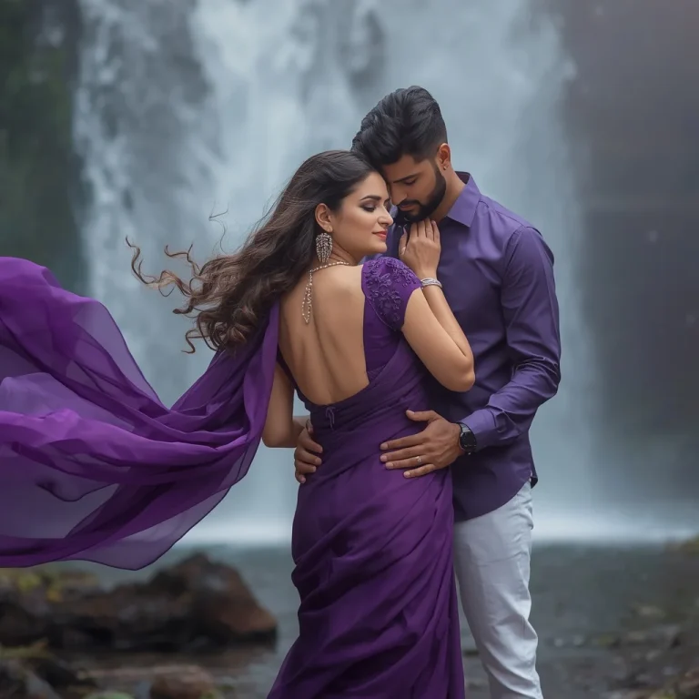 Magical Pre-wedding Waterfall Scene with Purple and Pearls | Prompt seen romantic couple AI photo editing