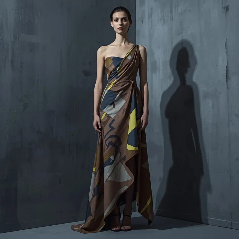 Modern Avant-Garde: Abstract Print Asymmetrical Maxi Dress | Prompt seen girl kurti