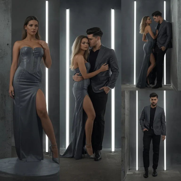 Romantic Couple in High Contrast Gray Leather Outfits | Romantic Couple High
