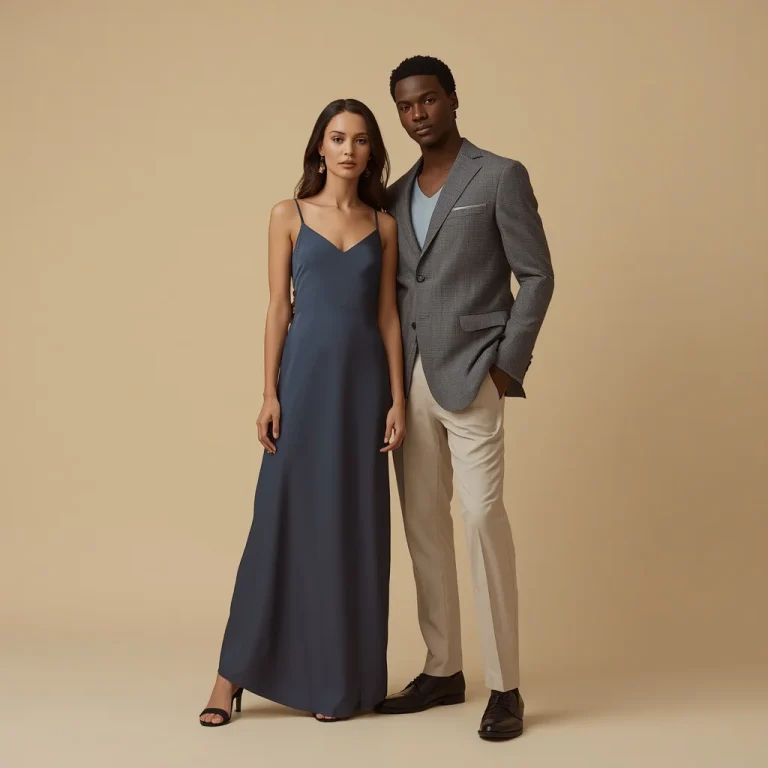 Romantic Couple in Modern Slate Blue Outfits | Elegant Romantic Couple