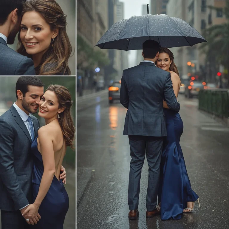 Romantic Rain with Evening Satin Gowns and Suits | Romantic Collage Featuring
