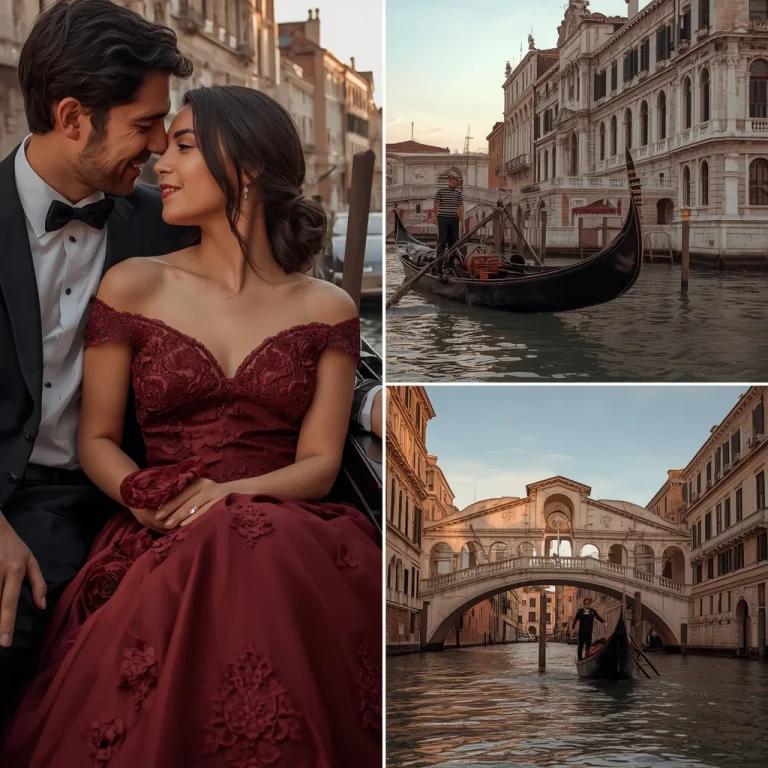 Romantic Venetian Gondola Ride with Burgundy Gown | Romantic Luxurious Collage
