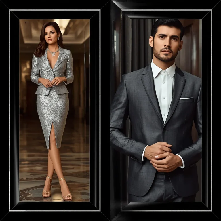 Sophisticated Luxury Silver Brocade and Silk Suit Couple | Sophisticated Luxury Silver