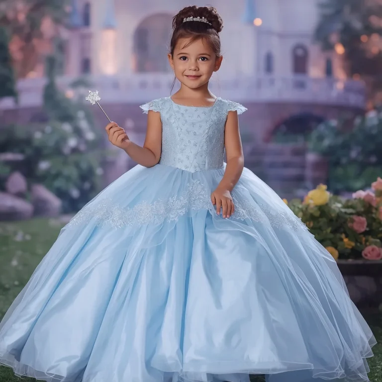 Sweet Princess Dreams: Light Blue Ball Gown with Glitter and Lace | prompt for girls college aesthetic