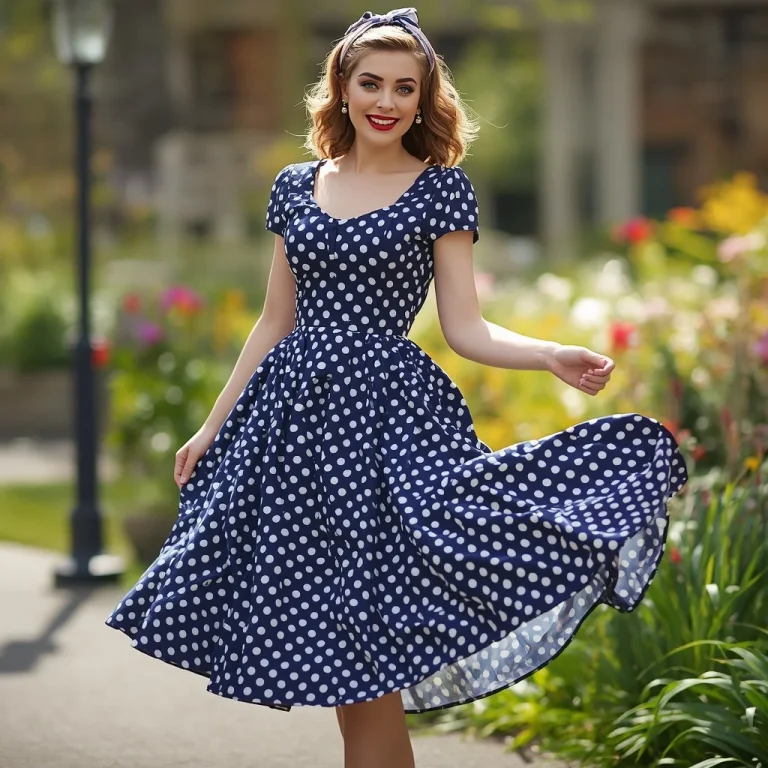 Vintage Charm in a Navy Blue Polka Dot Swing Dress | saree ai prompt