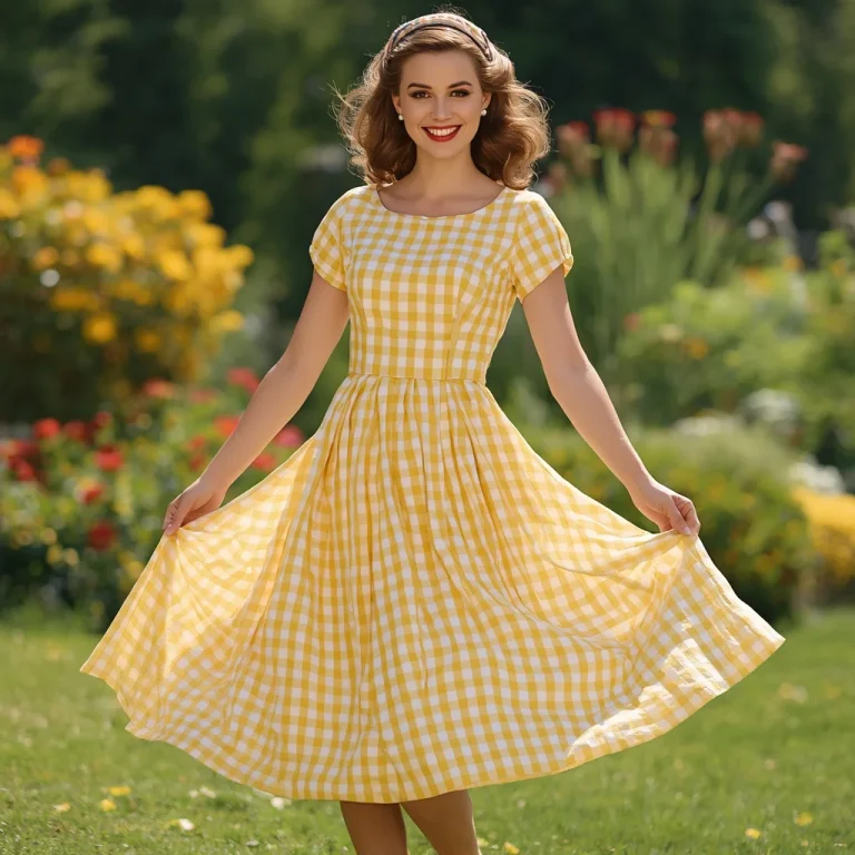 Vintage Charm in a Yellow Gingham Tea-Length Dress for Picnic | fitness model ai prompt