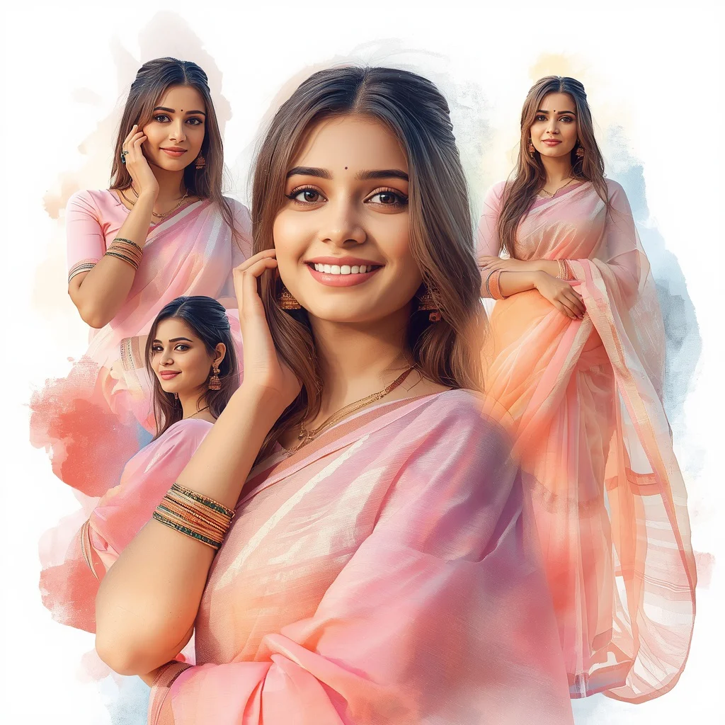 Watercolor Dreams Saree: Artistic Fusion and Bright Daylight Glow | prompt for traditional look for girl instagram